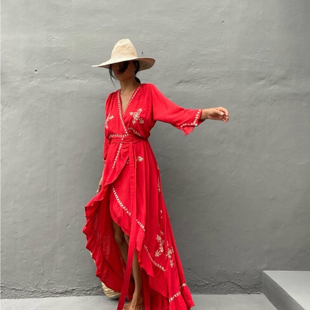 Red Wrap Maxi Dress with Embroidered Detail